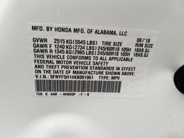 2019 HONDA PILOT LX 5FNYF5H14KB001961