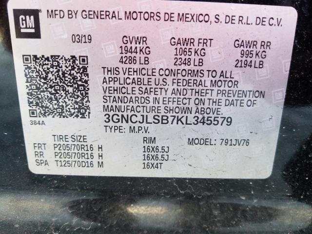 2019 CHEVROLET TRAX 1LT 3GNCJLSB7KL345579