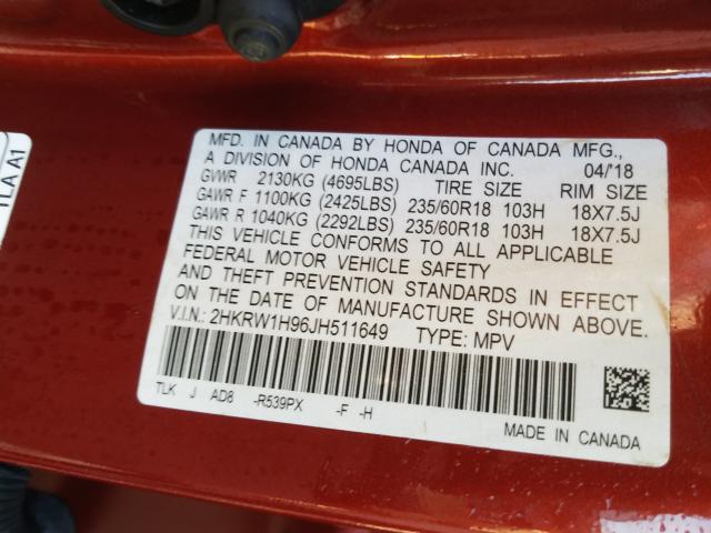 2018 HONDA CR-V TOURI 2HKRW1H96JH511649