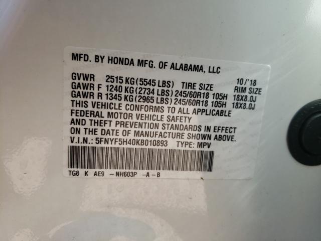 2019 HONDA PILOT EXL 5FNYF5H40KB010893