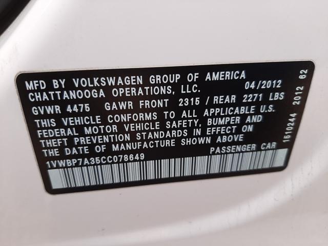 2012 VOLKSWAGEN PASSAT SE 1VWBP7A35CC078649