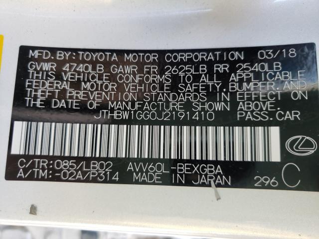2018 LEXUS ES 300H JTHBW1GG0J2191410