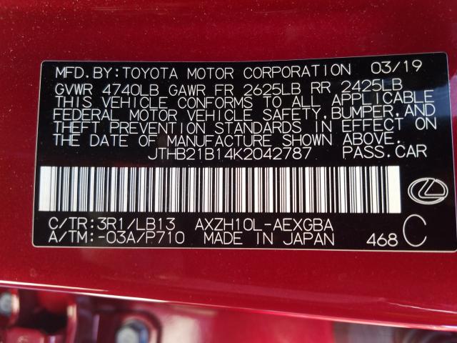 2019 LEXUS ES 300H JTHB21B14K2042787