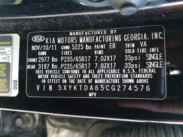 2012 KIA SORENTO 5XYKTDA65CG274576