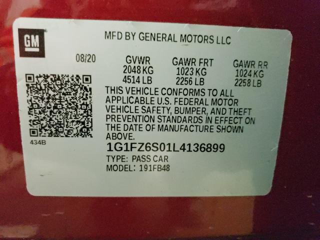 2020 CHEVROLET BOLT EV PR 1G1FZ6S01L4136899