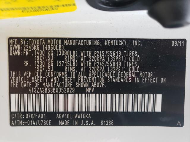 2011 TOYOTA VENZA 4T3ZA3BB3BU052029