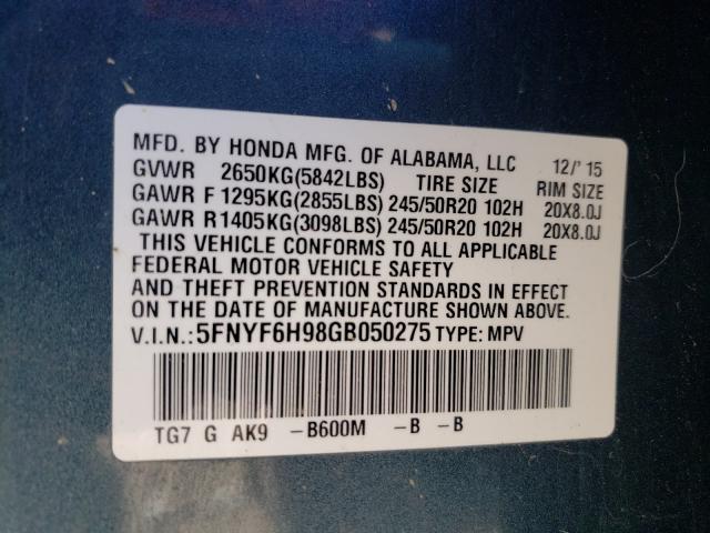 2016 HONDA PILOT TOUR 5FNYF6H98GB050275