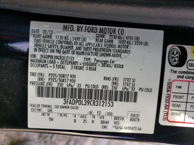 2012 FORD FUSION HYB 3FADP0L39CR312153