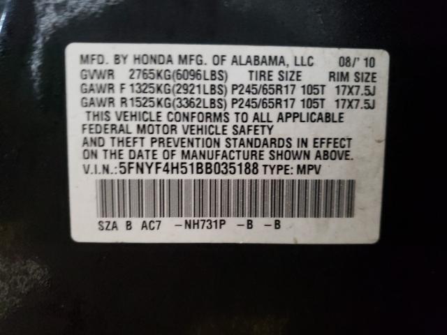 2011 HONDA PILOT EXL 5FNYF4H51BB035188
