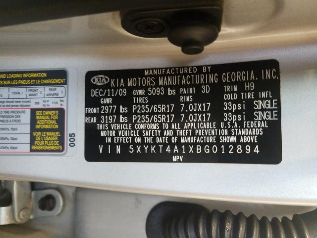 2011 KIA SORENTO BA 5XYKT4A1XBG012894