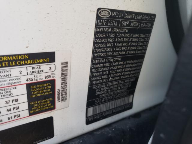 2016 LAND ROVER RANGE ROVE SALWR2KF9GA595831