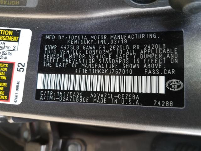 2019 TOYOTA CAMRY 4T1B11HKXKU767010
