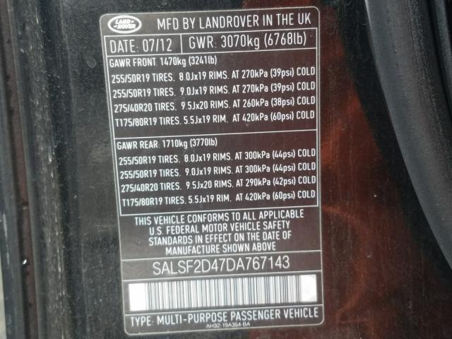 2013 LAND ROVER RANGE ROVE SALSF2D47DA767143