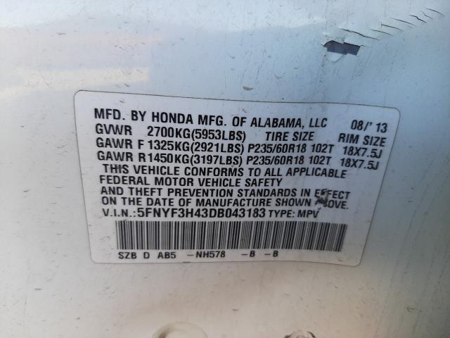 2013 HONDA PILOT EX 5FNYF3H43DB043183