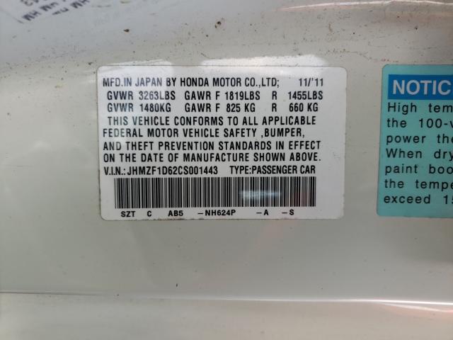 2012 HONDA CR-Z EX JHMZF1D62CS001443