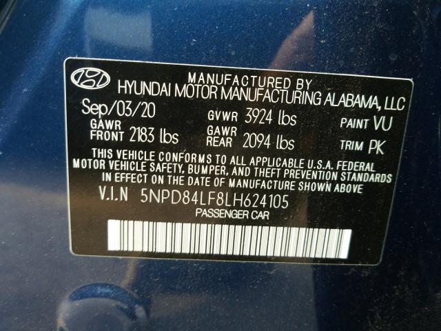 2020 HYUNDAI ELANTRA 5NPD84LF8LH624105