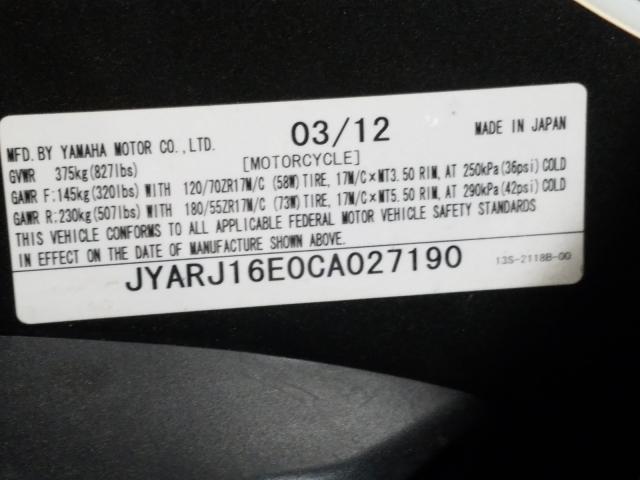 2012 YAMAHA YZFR6 JYARJ16E0CA027190