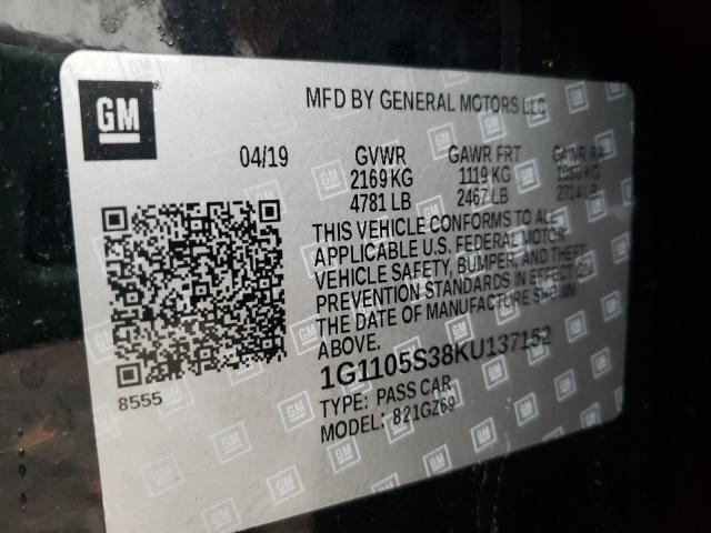 2019 CHEVROLET IMPALA PRE 1G1105S38KU137152