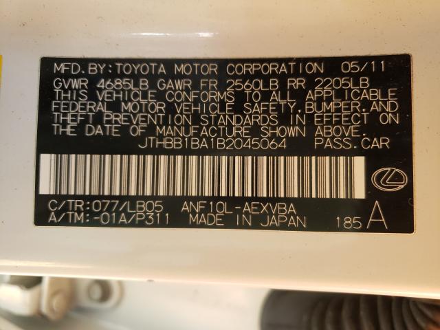 2011 LEXUS HS 250H JTHBB1BA1B2045064