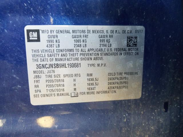 2017 CHEVROLET TRAX LS 3GNCJNSB9HL193681