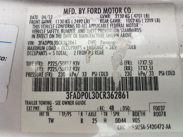 2012 FORD FUSION HYB 3FADP0L30CR362861