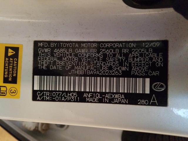 2010 LEXUS HS 250H JTHBB1BA9A2023263