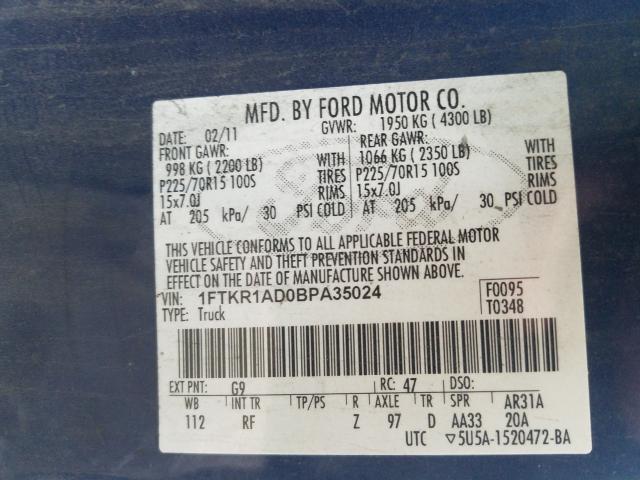 2011 FORD RANGER 1FTKR1AD0BPA35024