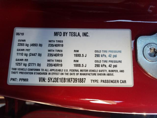 2019 TESLA MODEL 3 5YJ3E1EB1KF391887