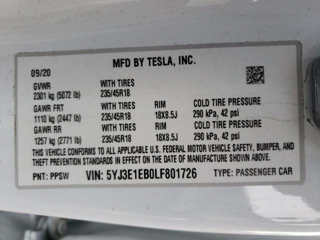2020 TESLA MODEL 3 - 5YJ3E1EB0LF801726