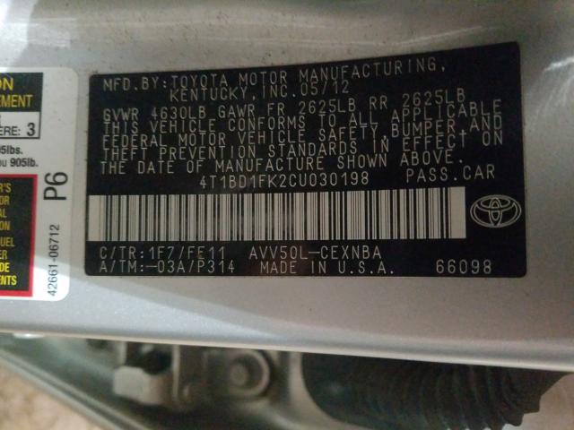 2012 TOYOTA CAMRY HYBR 4T1BD1FK2CU030198