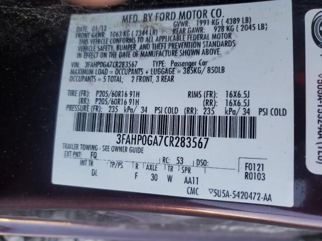 2012 FORD FUSION S 3FAHP0GA7CR283567