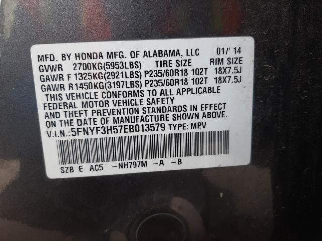 2014 HONDA PILOT EXL 5FNYF3H57EB013579