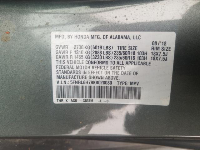 5FNRL6H79KB028080 2019 HONDA ODYSSEY, photo no. 10