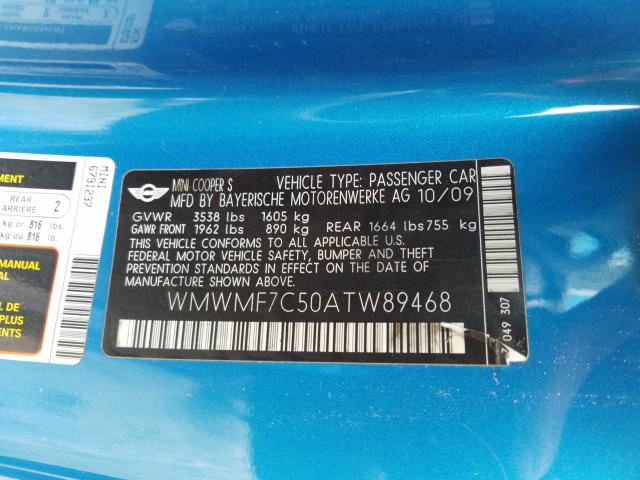 2010 MINI COOPER S WMWMF7C50ATW89468
