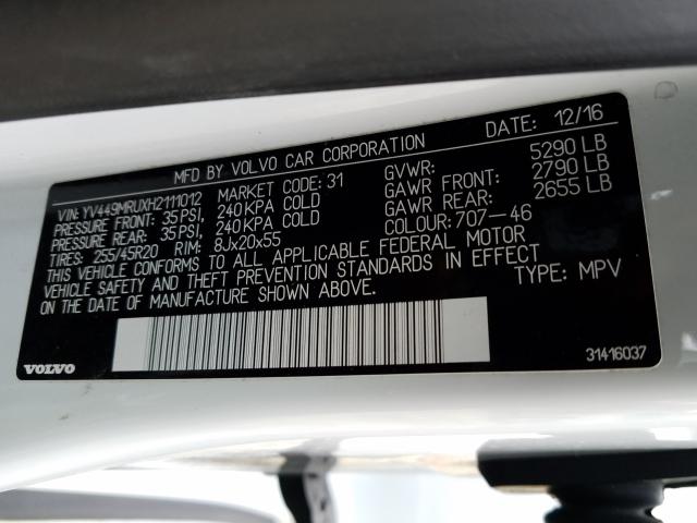 2017 VOLVO XC60 T6 IN YV449MRUXH2111012