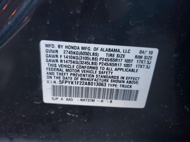 2010 HONDA RIDGELINE 5FPYK1F22AB013063
