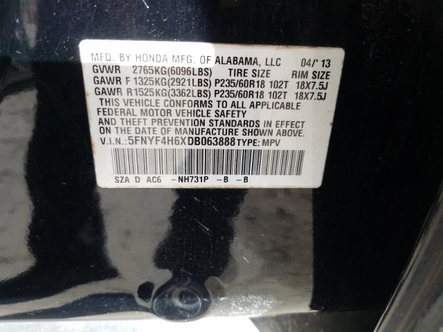 2013 HONDA PILOT EXL 5FNYF4H6XDB063888