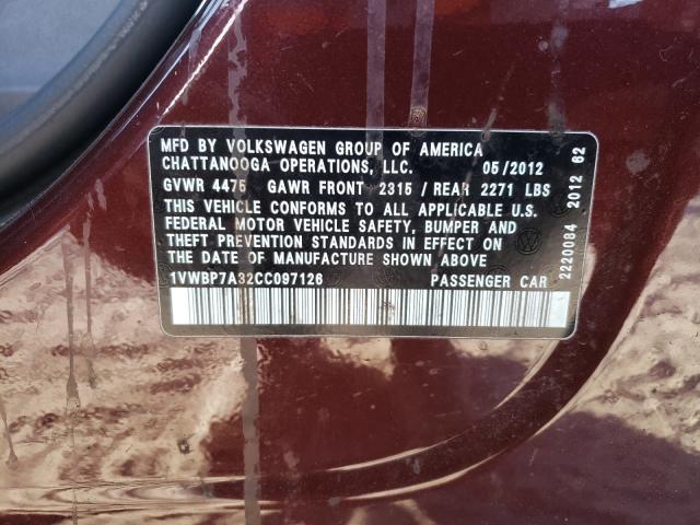 2012 VOLKSWAGEN PASSAT SE 1VWBP7A32CC097126