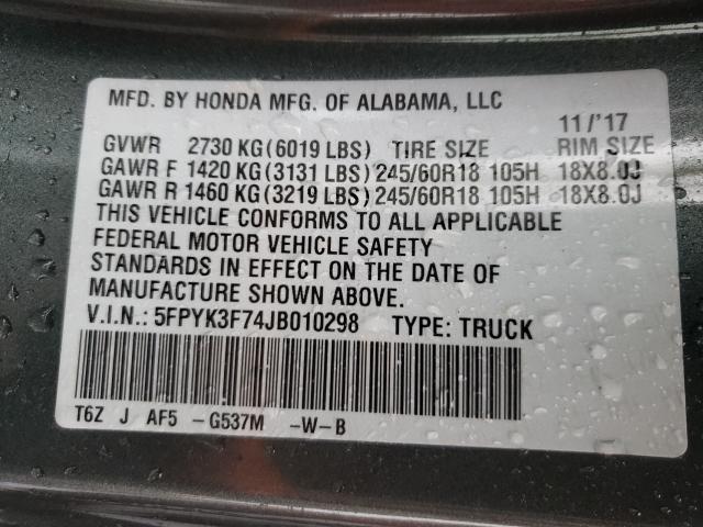 2018 HONDA RIDGELINE 5FPYK3F74JB010298