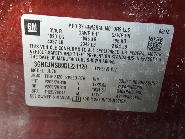 2016 CHEVROLET TRAX LS 3GNCJNSB9GL231120