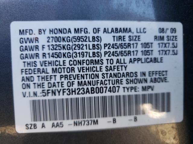 2010 HONDA PILOT EXL 5FNYF3H23AB007407