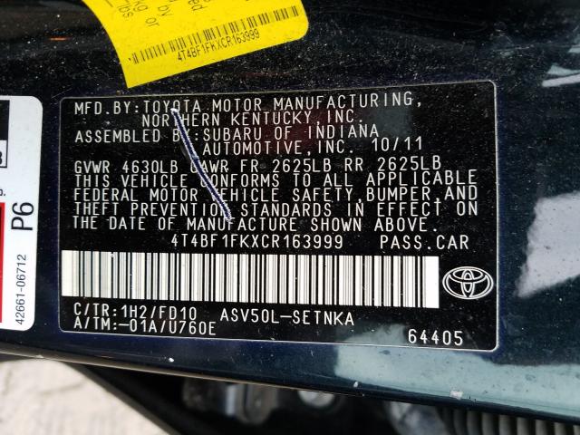 2012 TOYOTA CAMRY BASE 4T4BF1FKXCR163999