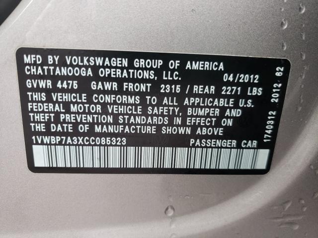 2012 VOLKSWAGEN PASSAT SE 1VWBP7A3XCC085323