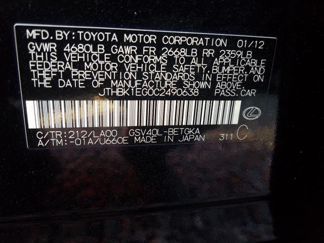 2012 LEXUS ES 350 JTHBK1EG0C2490638
