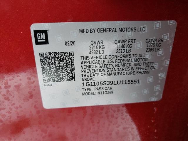 2020 CHEVROLET IMPALA PRE 1G1105S39LU115551