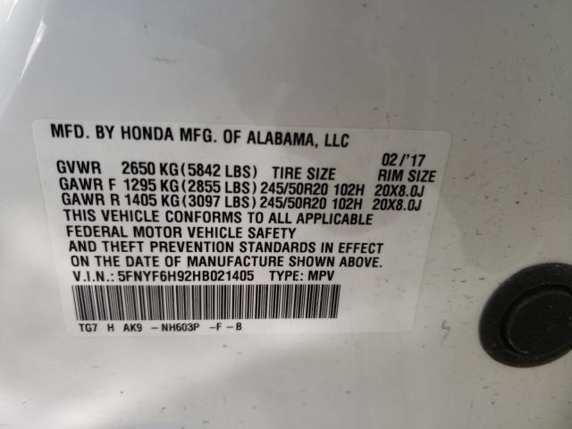 2017 HONDA PILOT TOUR 5FNYF6H92HB021405