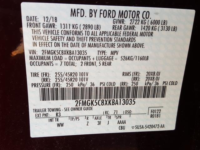 2019 FORD FLEX SEL 2FMGK5C8XKBA13035