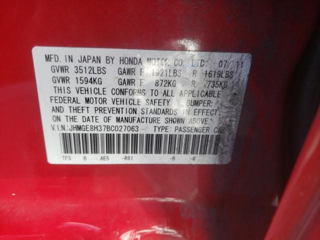 2011 HONDA FIT JHMGE8H37BC027063