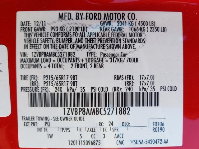 2012 FORD MUSTANG 1ZVBP8AM8C5271882