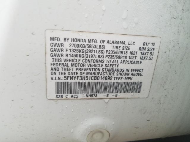 2012 HONDA PILOT EXL 5FNYF3H51CB014692